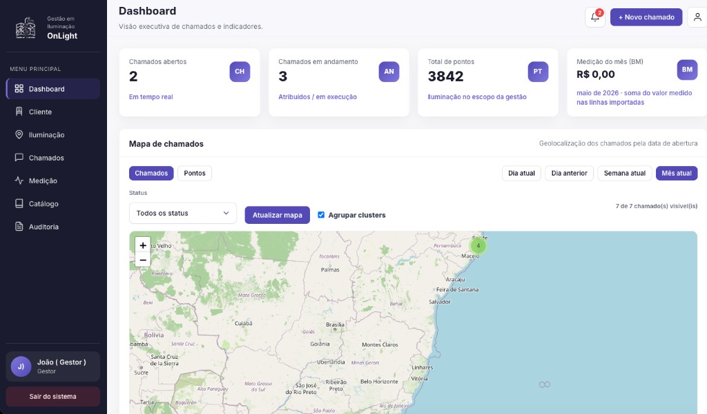 Painel_Gestor_ — visão executiva com KPIs e mapa de chamados
